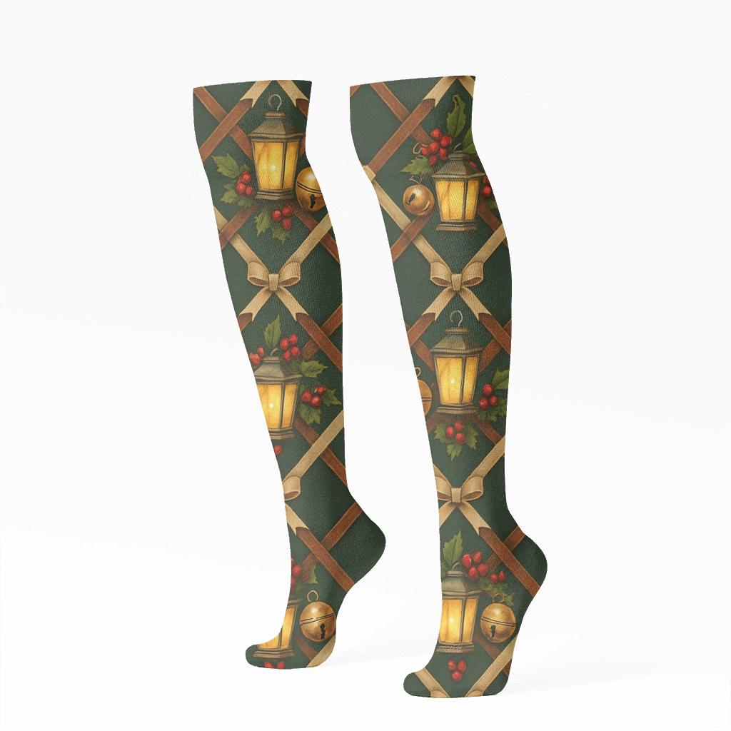 Lantern-Lit Sleigh-Bells Lattice On Pine Green custom knee-high socks