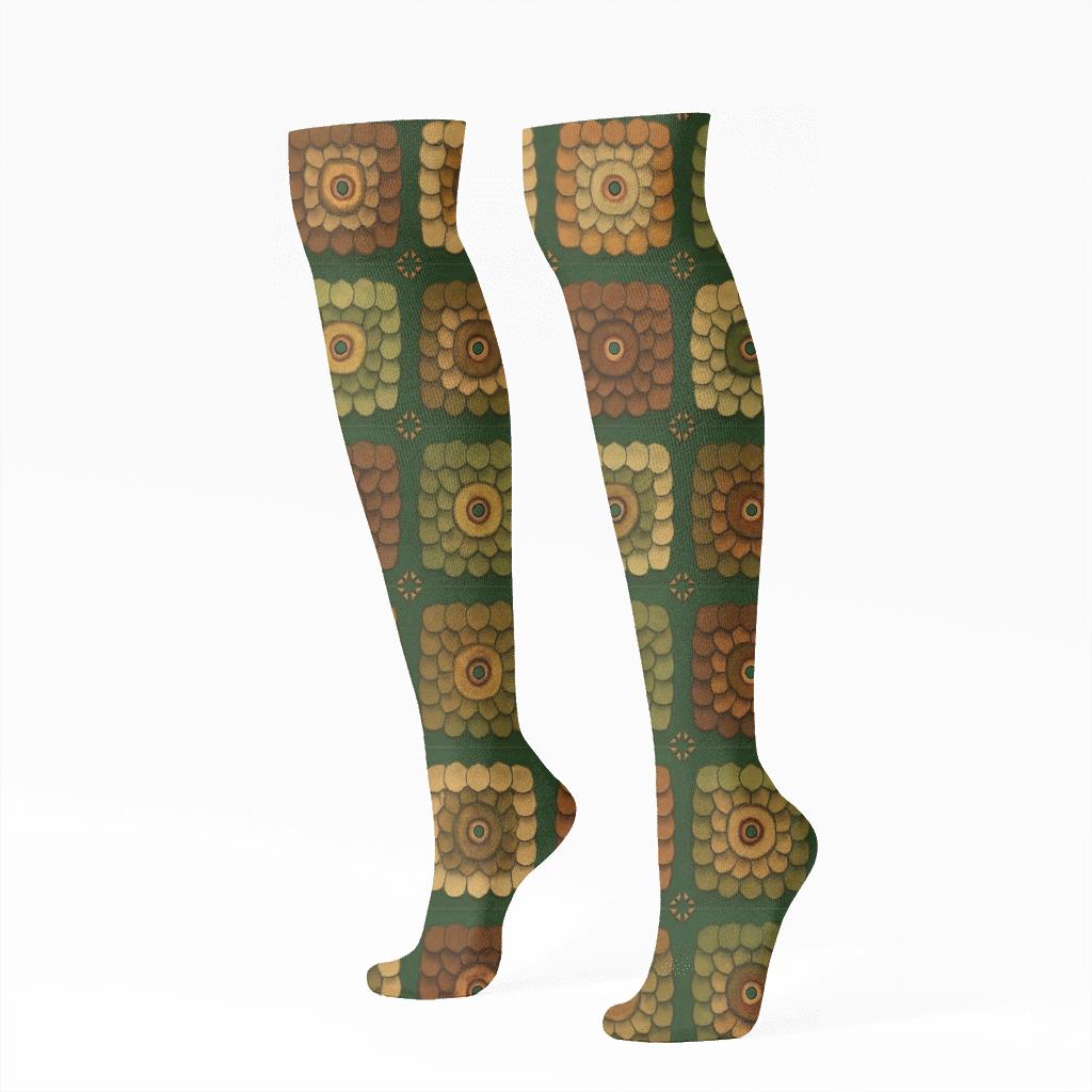 Forest Owl Feather Tile On Deep Moss soft everyday knee-high socks
