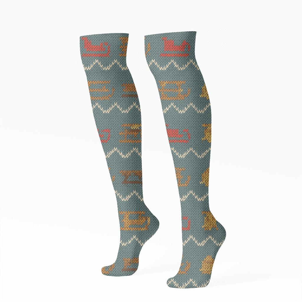 Snowfall Tracks Pattern Sleigh Edition comfortable cotton knee-high socks