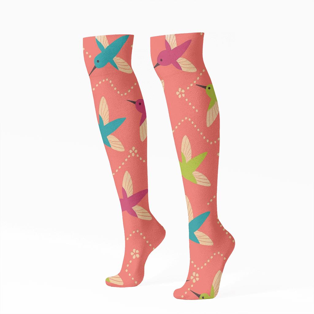 Hummingbird Nectar Zigzag Trails On Coral soft everyday knee-high socks