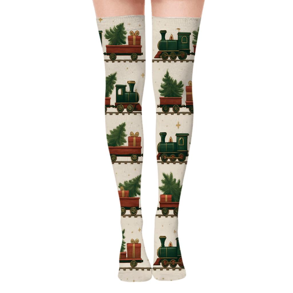 Twinkling Toy Train Pattern Xmas premium cozy over-the-knee socks