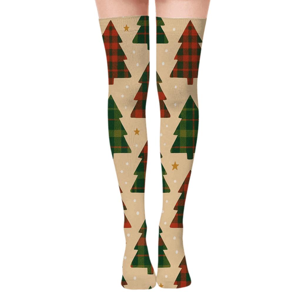 Cozy Plaid Trees Holiday Edition stylish fashion over-the-knee socks