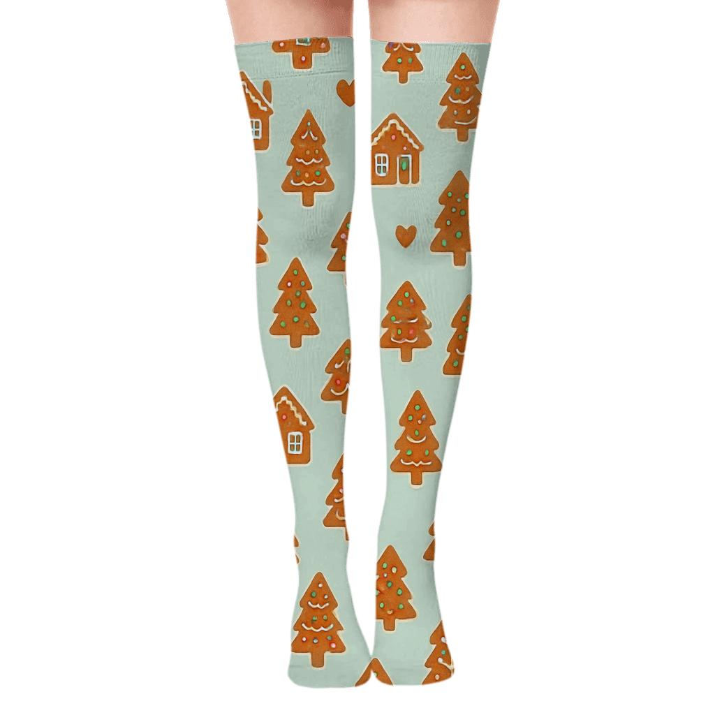 Xmas Gingerbread Village Dots soft everyday over-the-knee socks