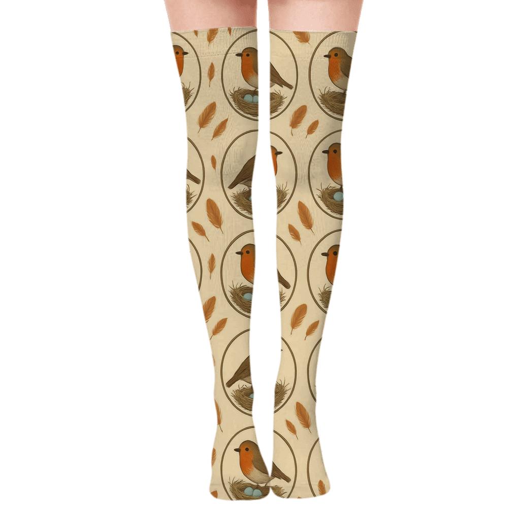 Robin Nest Ring Medallions On Warm Beige designer print over-the-knee socks