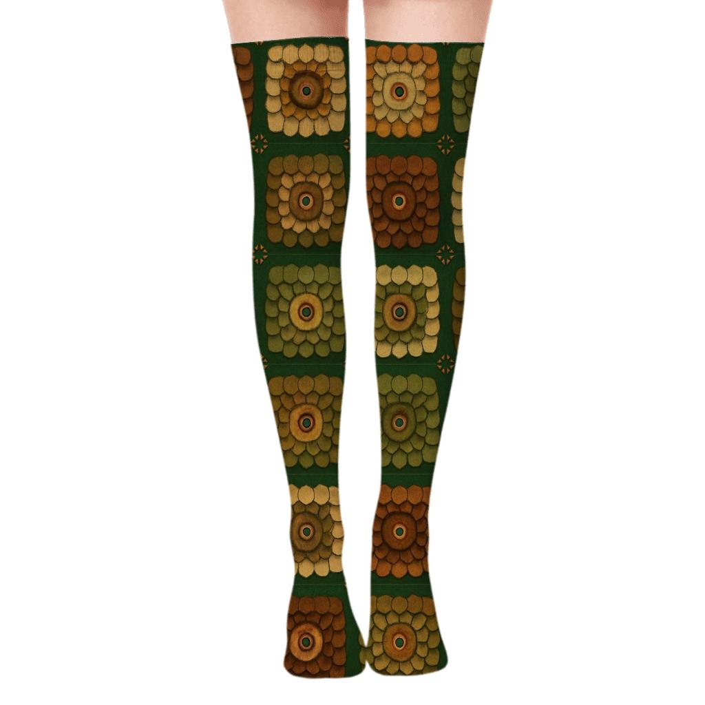 Forest Owl Feather Tile On Deep Moss stylish fashion over-the-knee socks