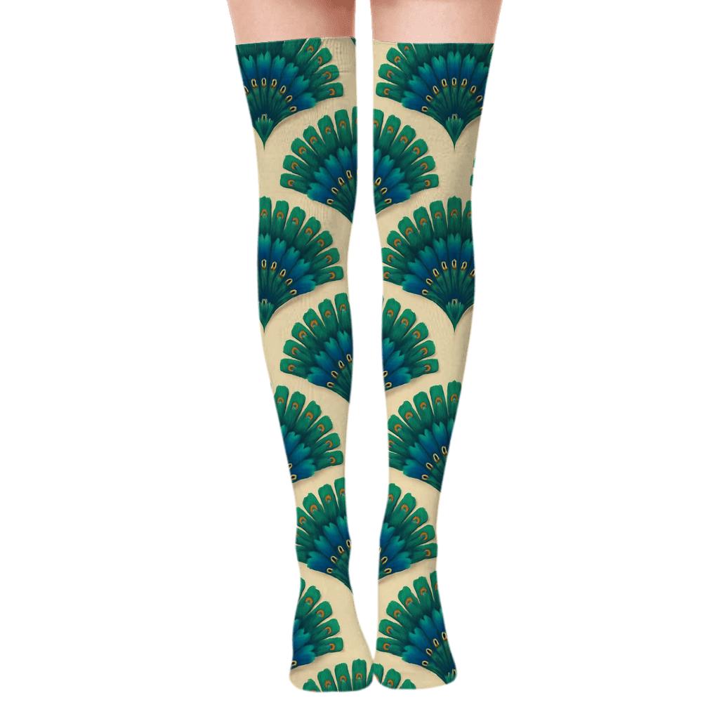 Peacock Tail Fan Radial Burst On Cream comfortable cotton over-the-knee socks