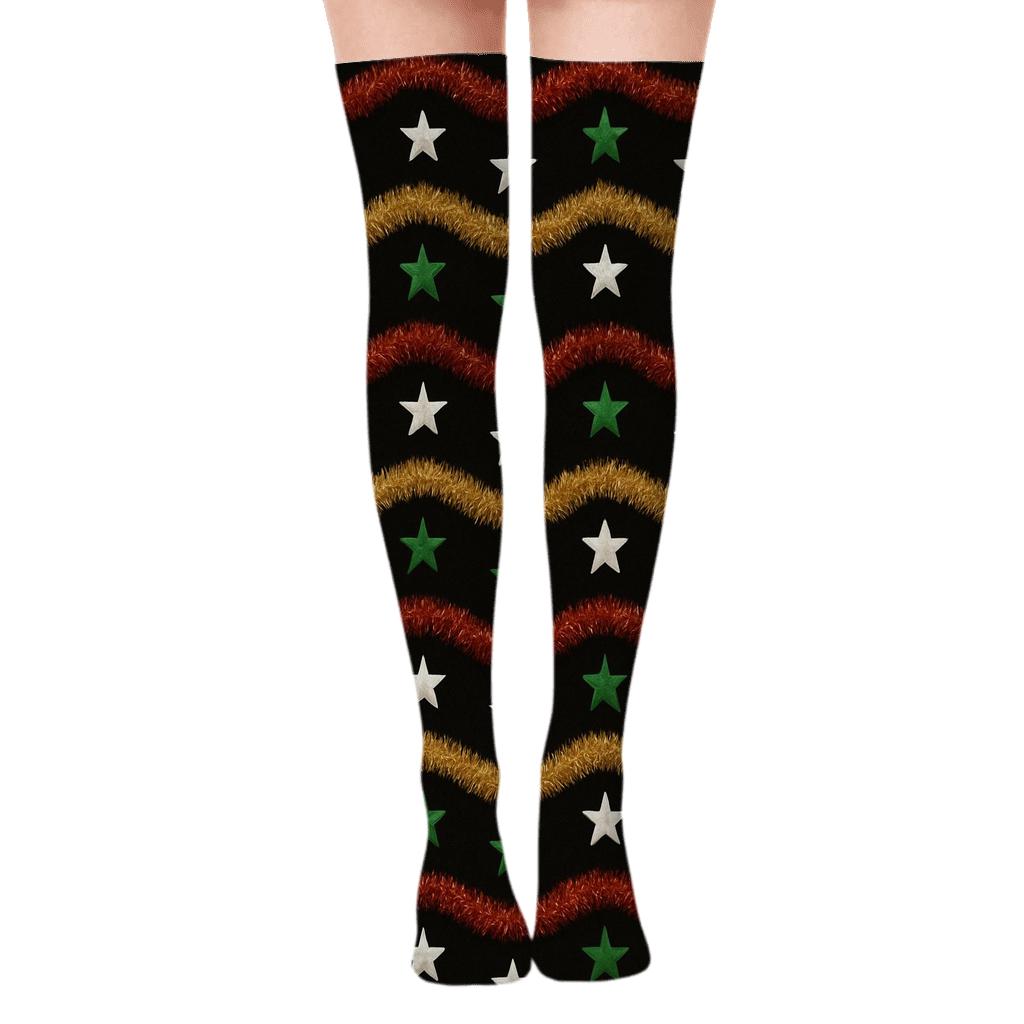 Wavy Tinsel With Holiday Stars Rows premium cozy over-the-knee socks