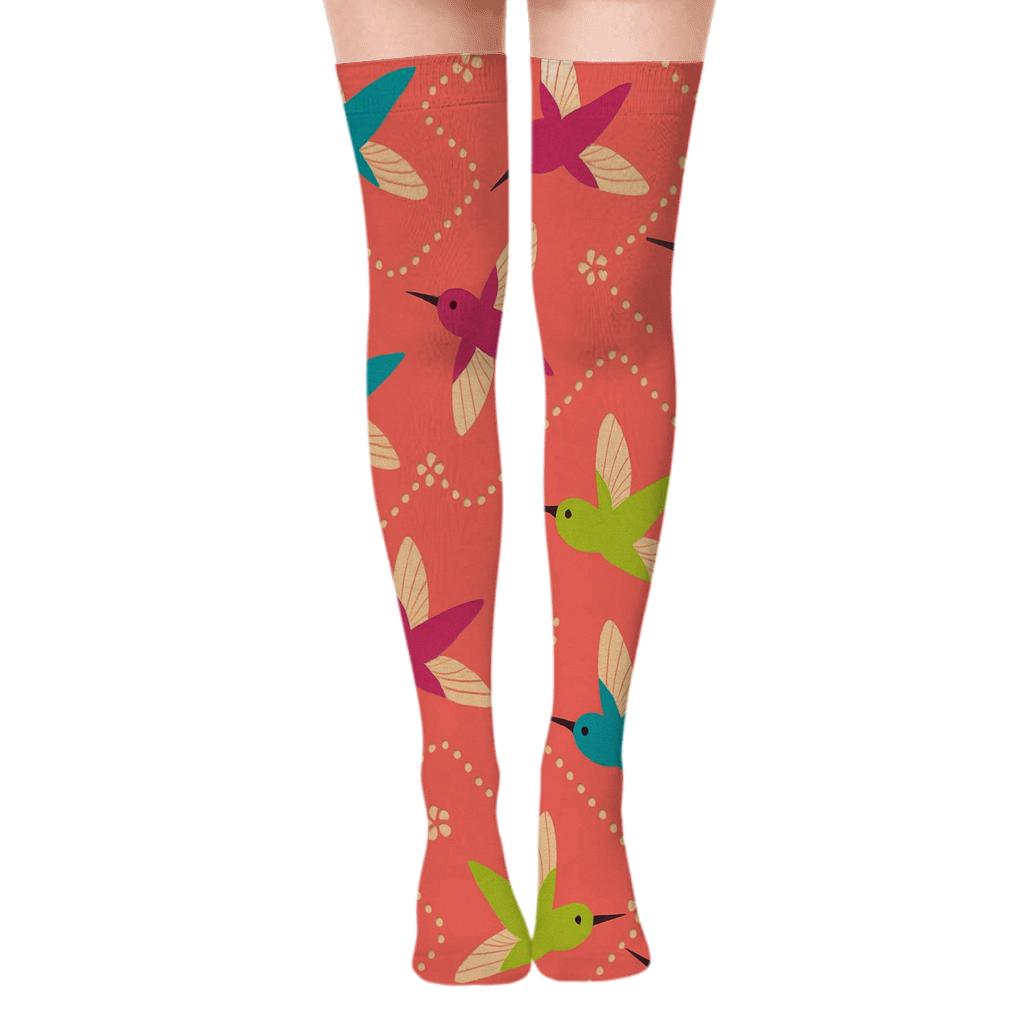 Hummingbird Nectar Zigzag Trails On Coral comfortable cotton over-the-knee socks
