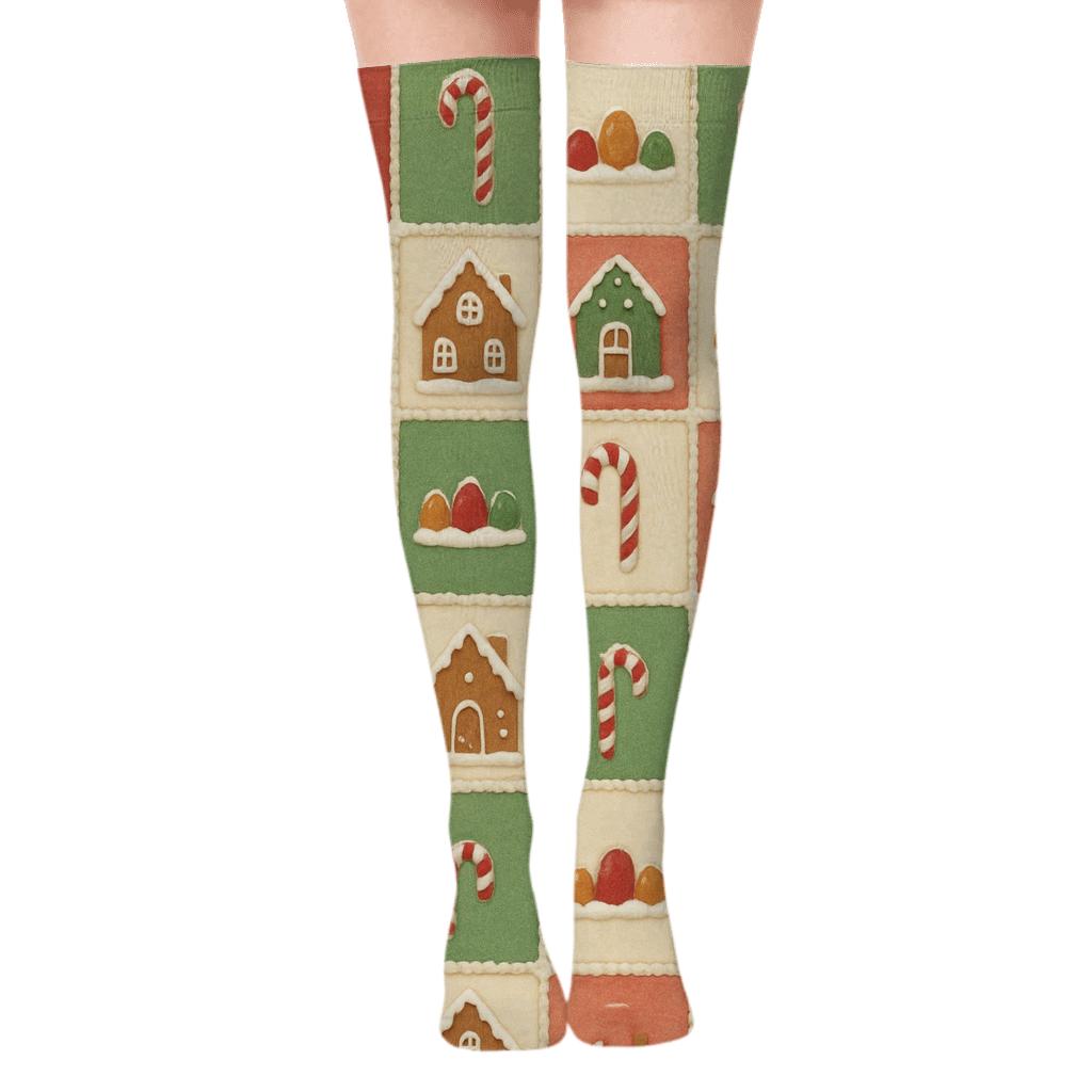 Gingerbread-House Xmas Patchwork comfortable cotton over-the-knee socks
