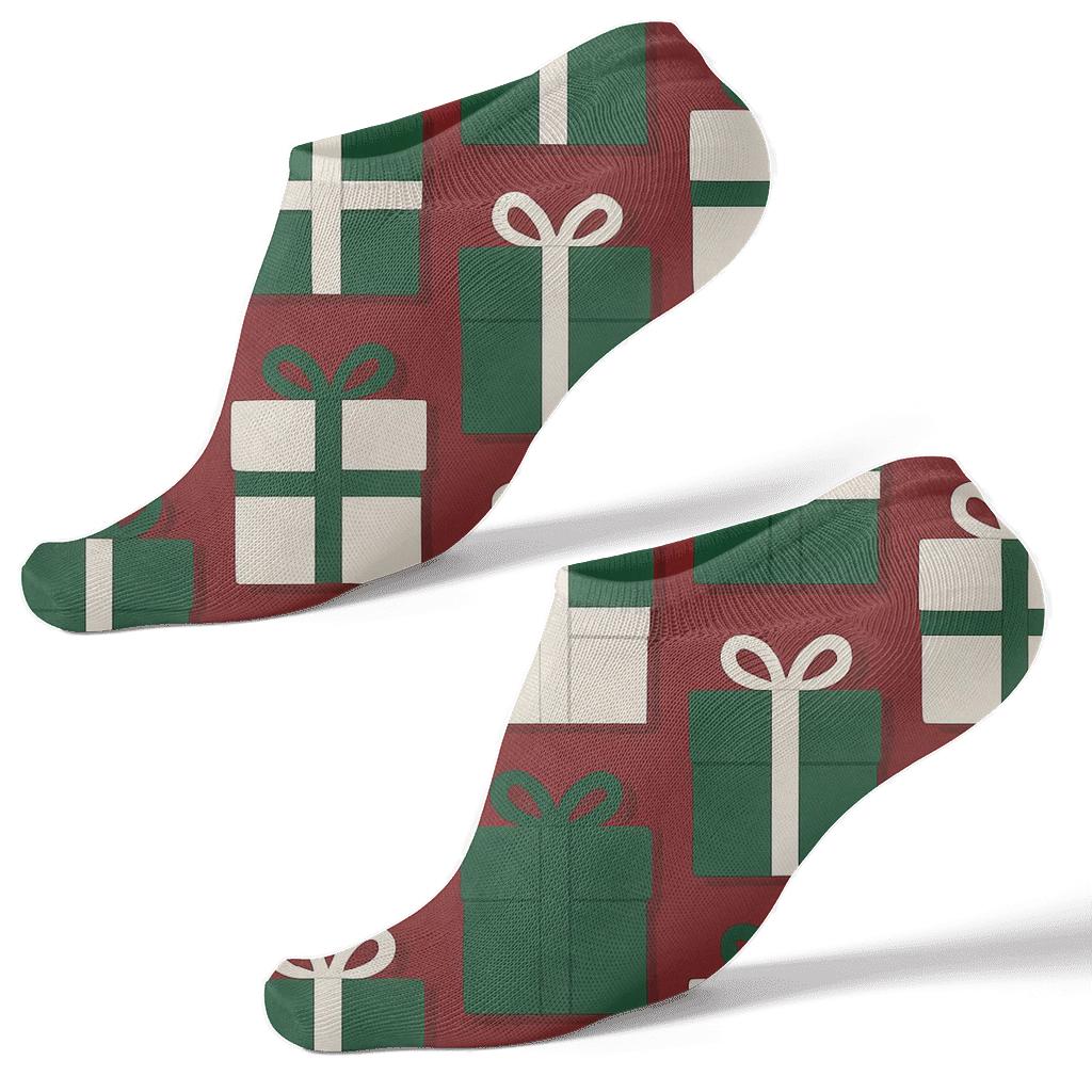 Xmas Gift Box Checker On Deep Red unique graphic ankle socks