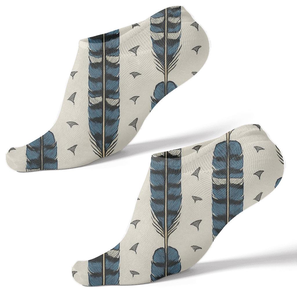 Blue Jay Tail Feather Ladder On Frost White designer print ankle socks
