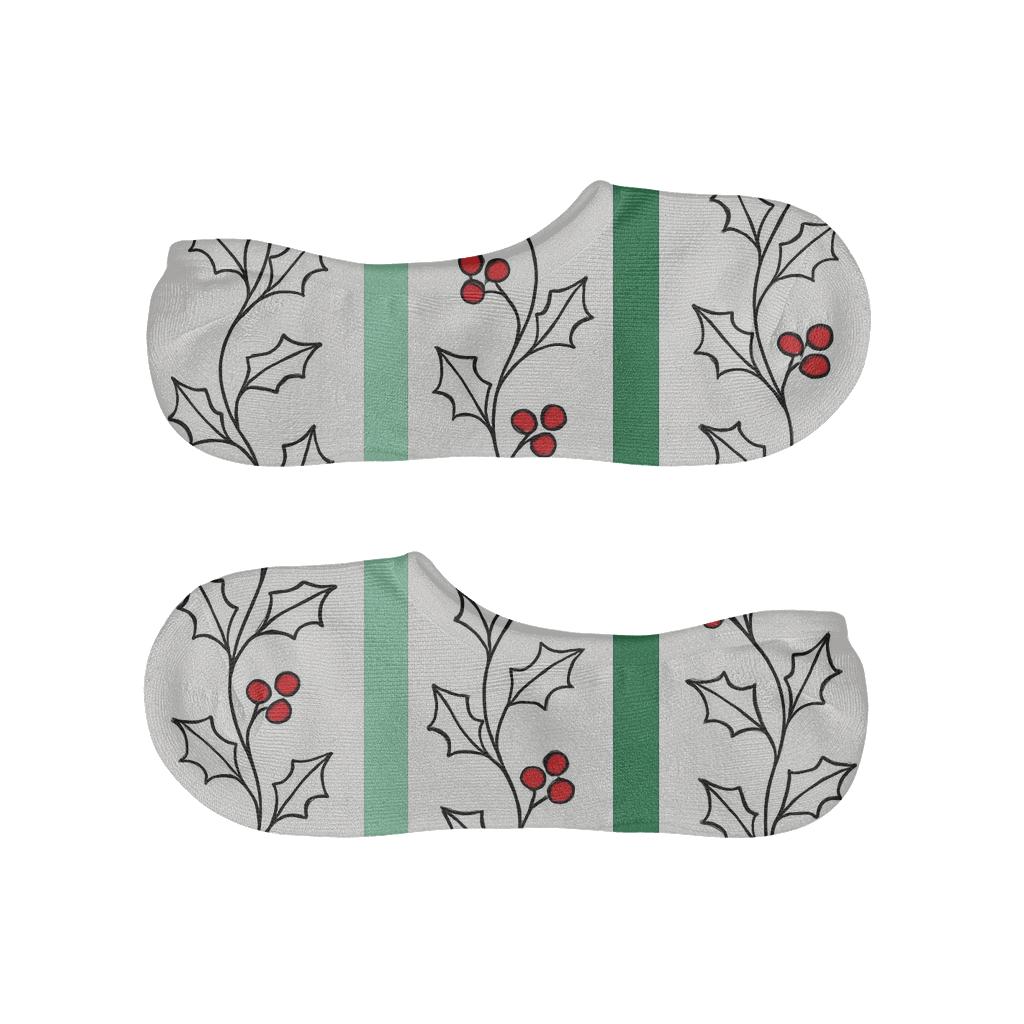 Evergreen Holly Vine Candy Stripe On Snow White breathable seamless no-show sockscustom no-show socks