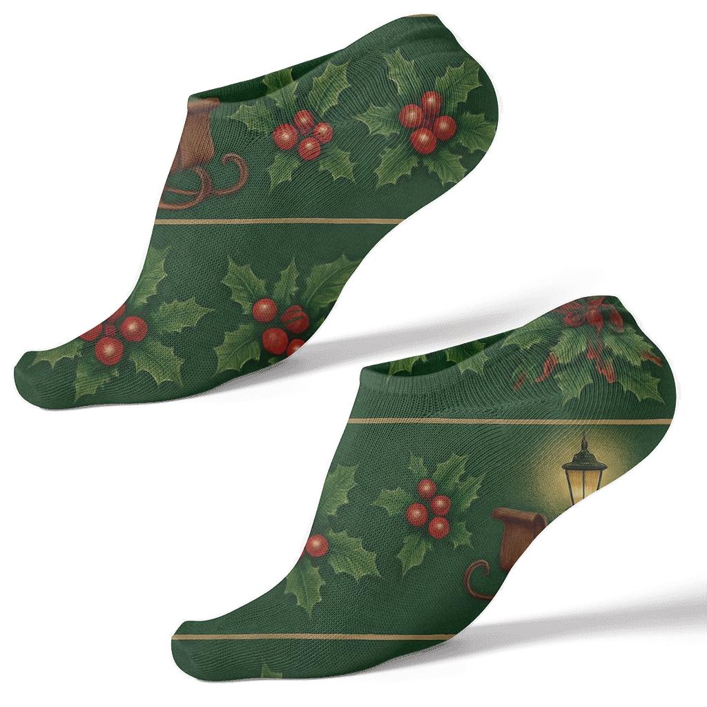 Lantern Lit Sleigh-Collage Bands On Pine Green custom ankle socks