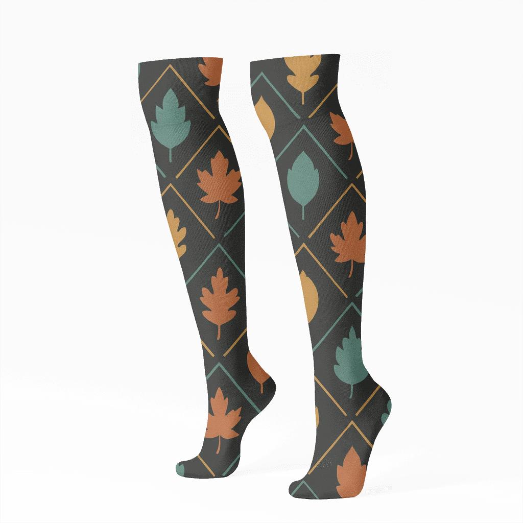 Burnt Orange Leaf Silhouette Lattice On Charcoal personalized knee-high socks