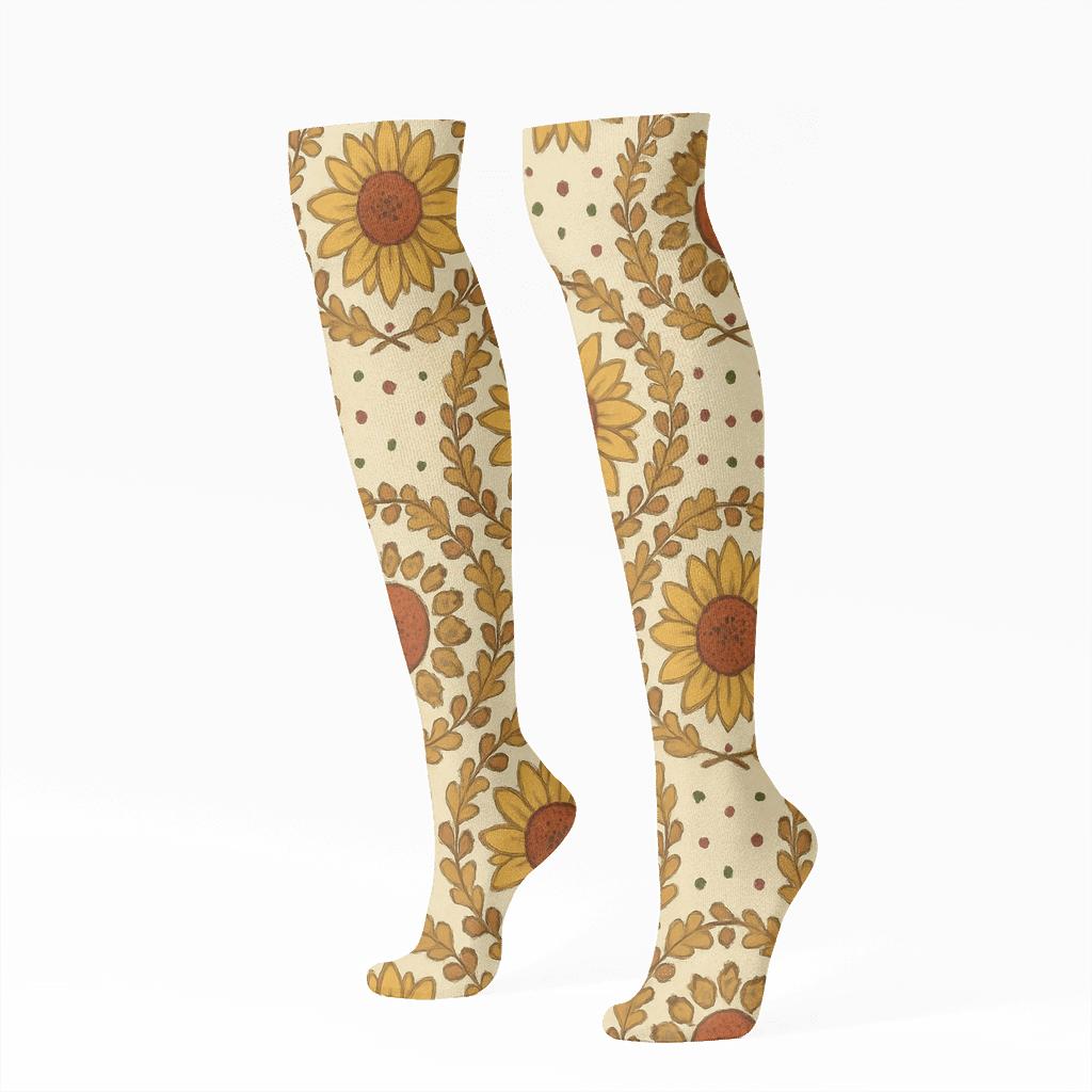 Golden Sunflower Ring Tessellation On Cream unique graphic knee-high socks