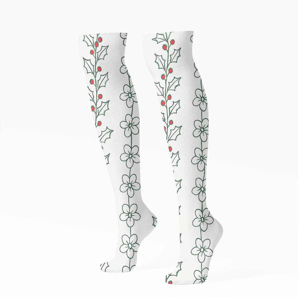 Evergreen Holly Garland Stripe trendy patterned knee-high socks