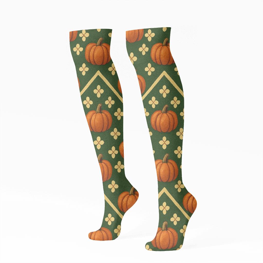 Pumpkin Patch Chevron Rows On Deep Forest Green designer print knee-high socks