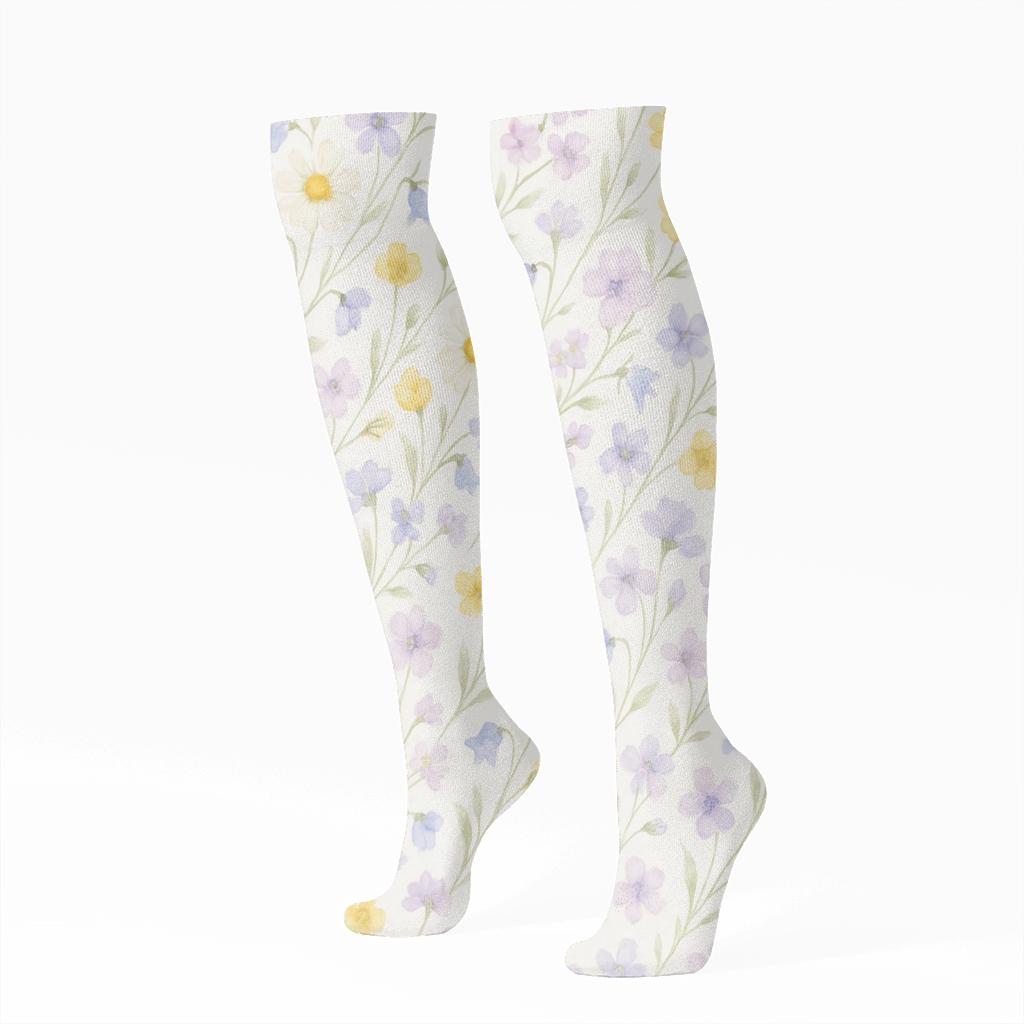 Watercolor Wildflower Drift On Cloud White personalized knee-high socks