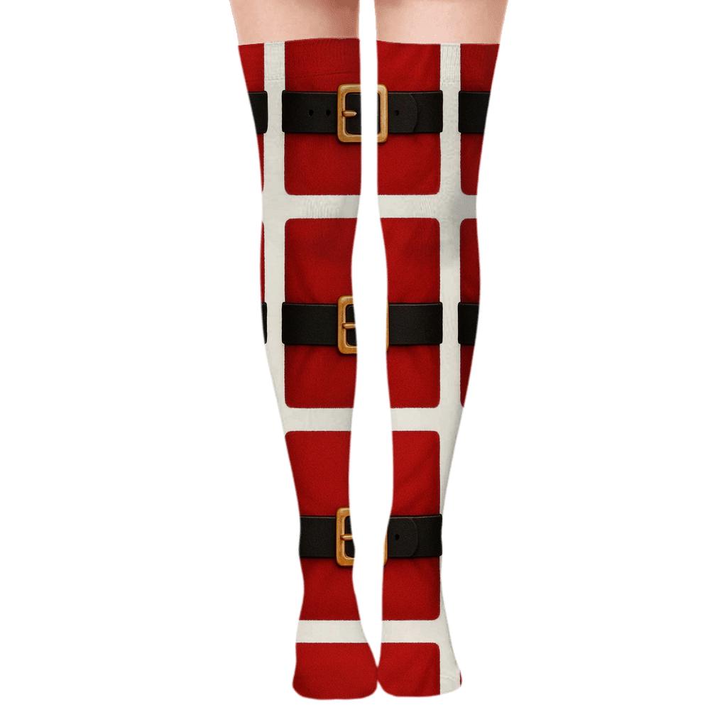 Santa Suit Belt Grid Pattern unique graphic over-the-knee socks