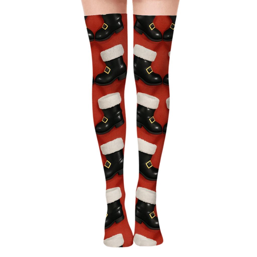 Boot And Buckle Lattice Santa unique graphic over-the-knee socks