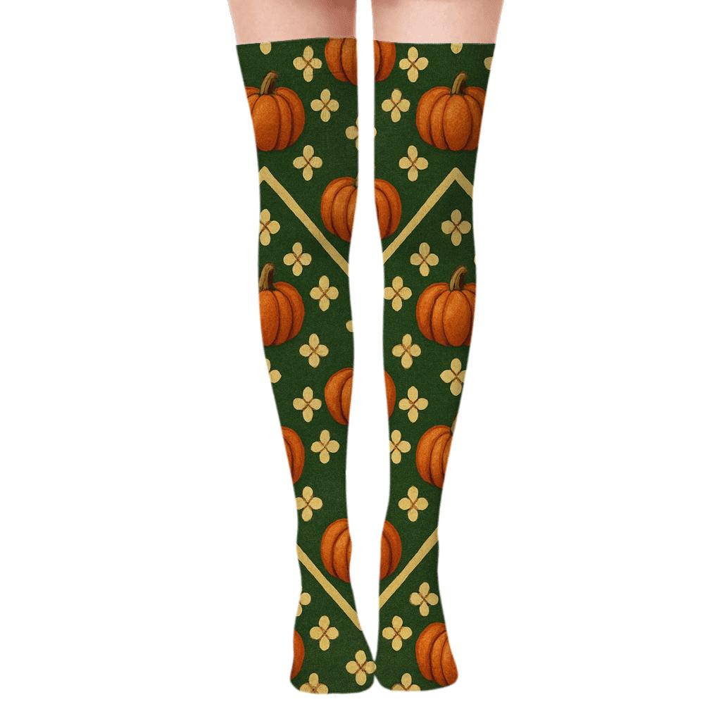 Pumpkin Patch Chevron Rows On Deep Forest Green comfortable cotton over-the-knee socks