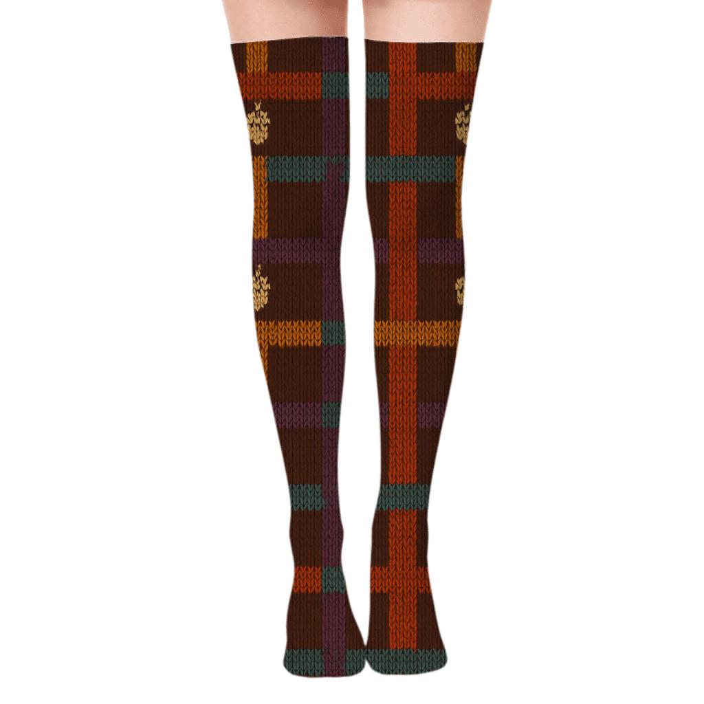 Plaid Knit Illusion Of Scarves And Acorns On Warm Brown designer print over-the-knee socks