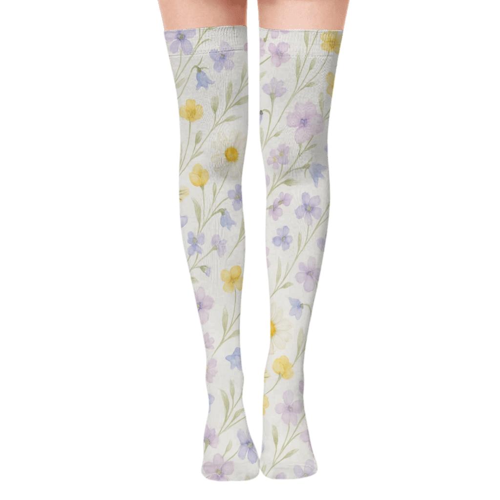 Watercolor Wildflower Drift On Cloud White trendy patterned over-the-knee socks