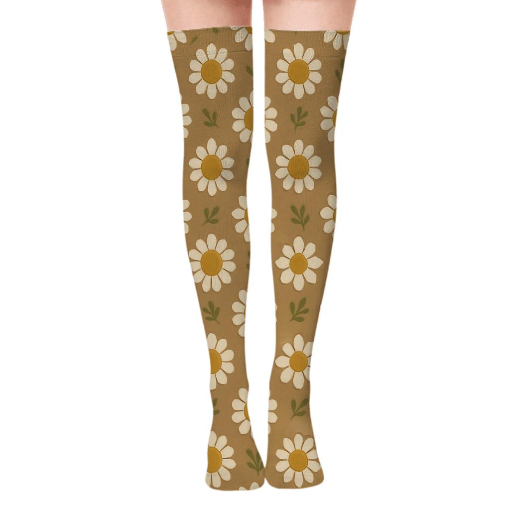 Retro Daisy Medallion Tiles On Warm Taupe comfortable cotton over-the-knee socks