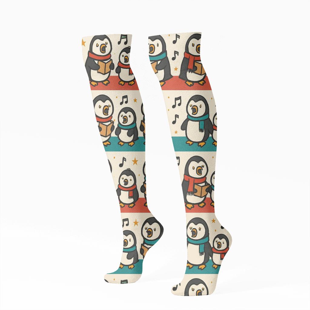 Holiday Caroling Penguin Stripe Bands trendy patterned knee-high socks