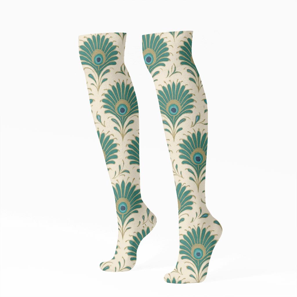 Peacock Tail Fan Radial Bursts On Ivory comfortable cotton knee-high socks