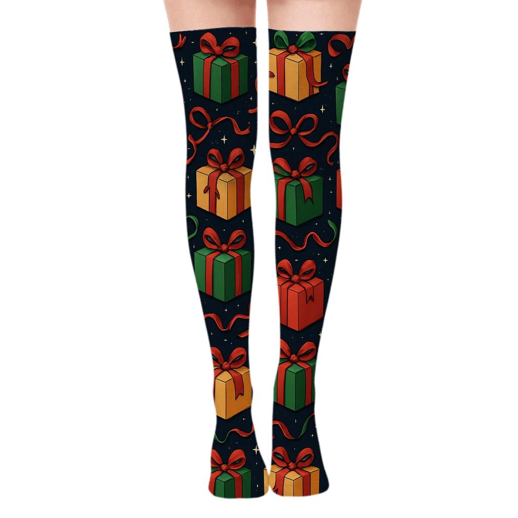 Presents Galaxy Ribbon Grid designer print over-the-knee socks
