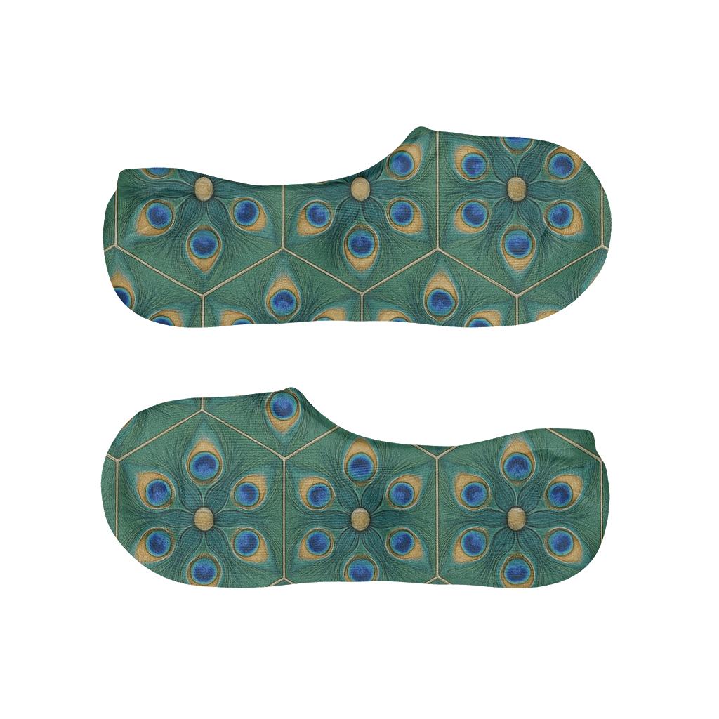 Peacock Feather Eye Hexagon Net On Jade Green custom no-show socks