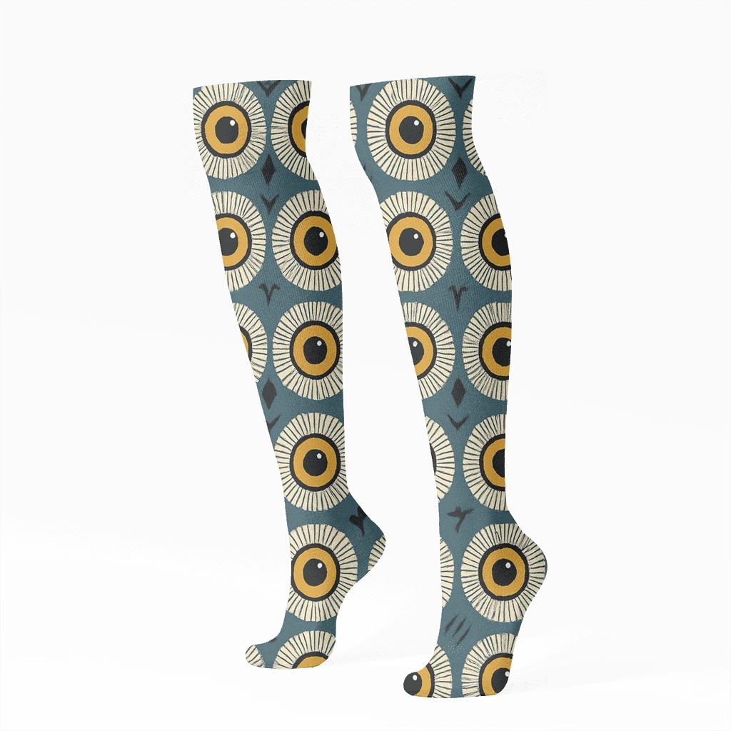 Owl Eye Concentric Rings On Slate Blue comfortable cotton knee-high socks