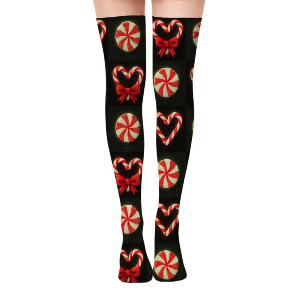 Midnight Garland Grid With Candy Canes Hearts personalized over-the-knee socks