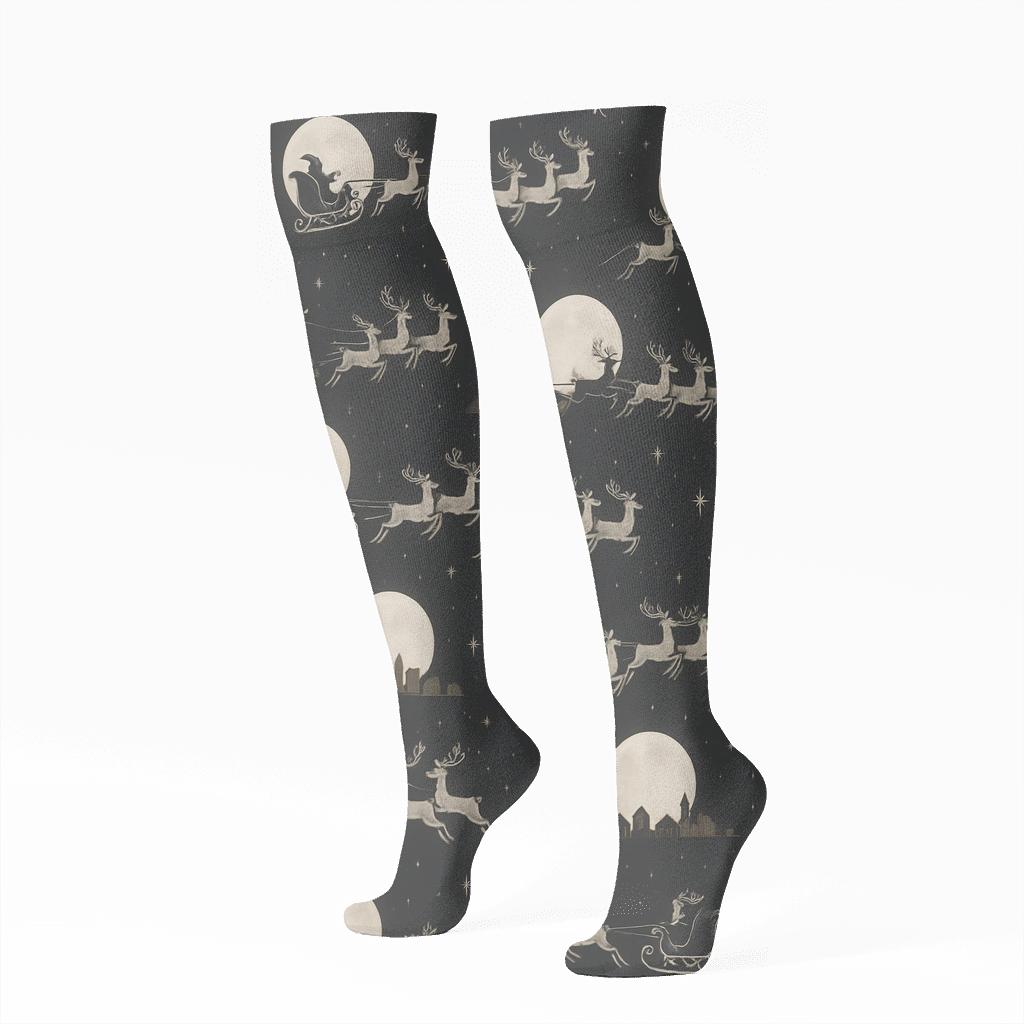 Xmas Sleigh Silhouette Night Ride trendy patterned knee-high socks