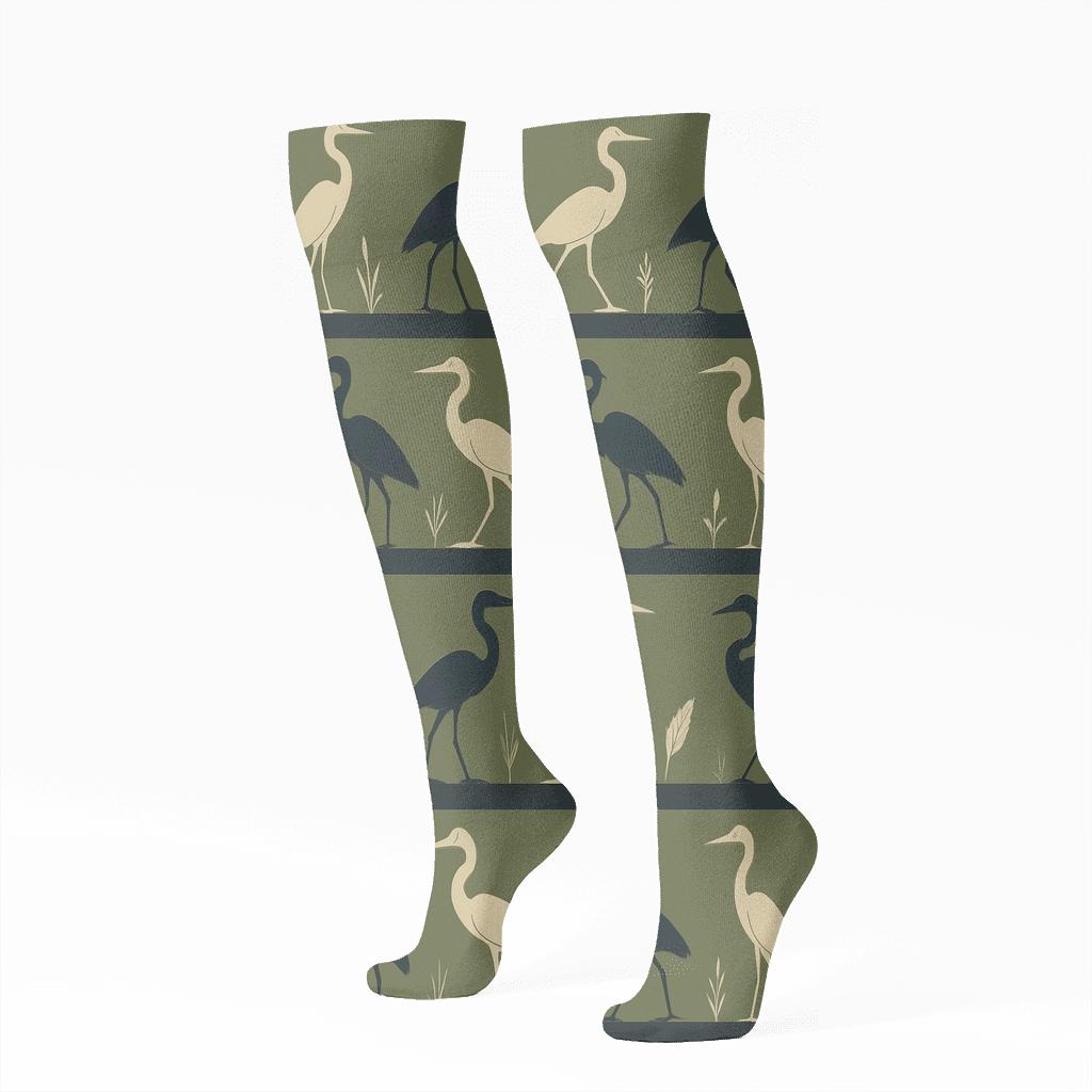 Heron Marsh Silhouette Bands On Olive Green custom knee-high socks