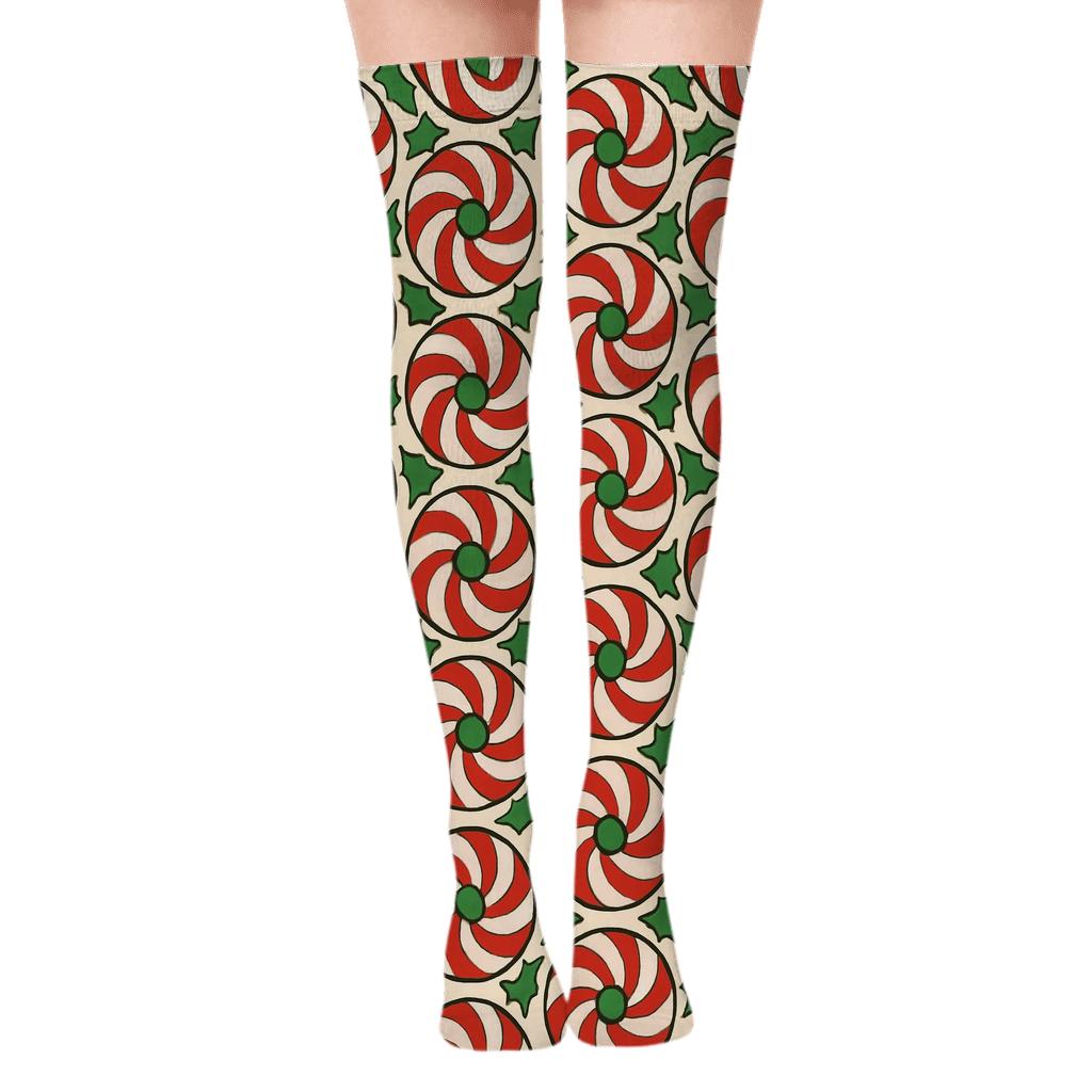 Candy Cane Spiral Holiday-linked Motifs premium cozy over-the-knee socks