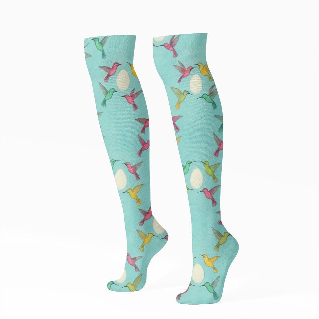 Hummingbird Halo Orbit Rings On Aqua Blue unique graphic knee-high socks