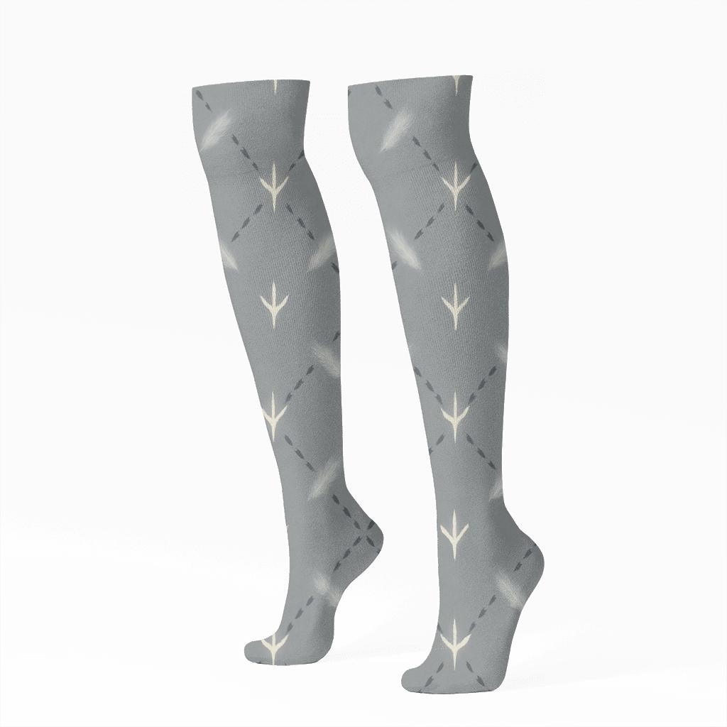 Snowy Owl Track Diamond Trellis On Moon Gray unique graphic knee-high socks