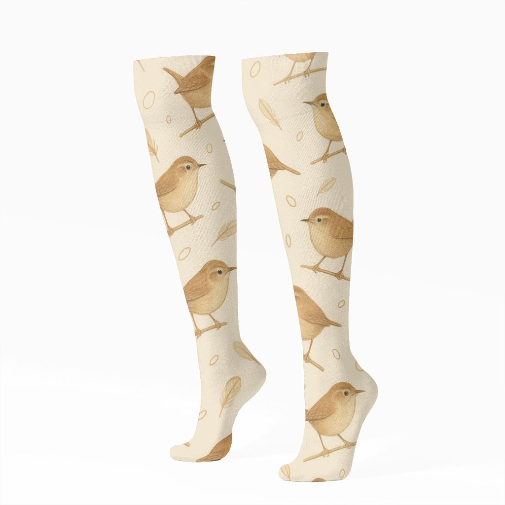 Tiny Wren Perch Scatter On Warm Ivory comfortable cotton knee-high socks