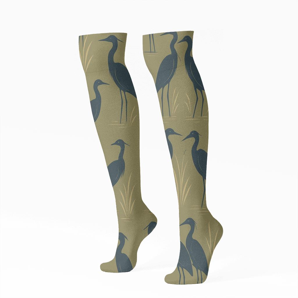 Heron Silhouette Reed Columns On Marsh Olive stylish athletic knee-high socks