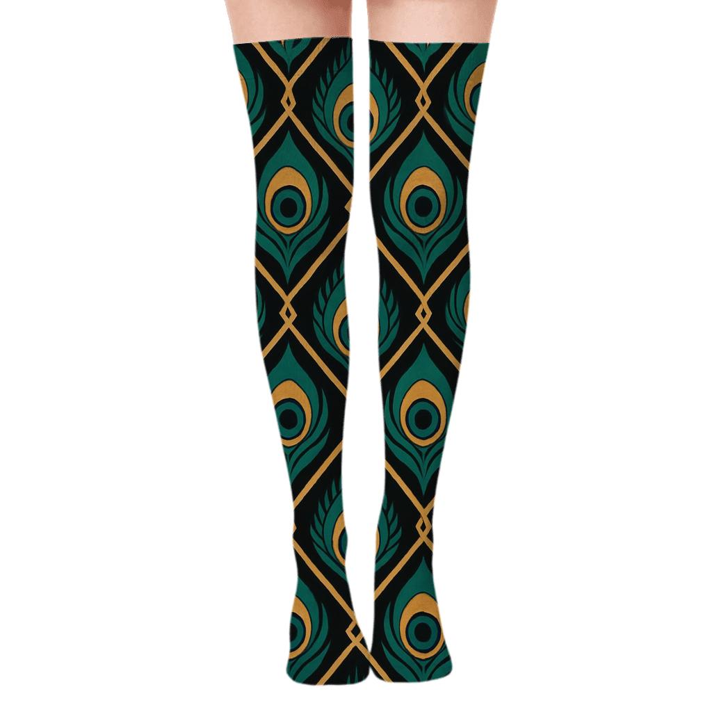 Peacock Eye Feather Lattice On Midnight Black personalized over-the-knee socks