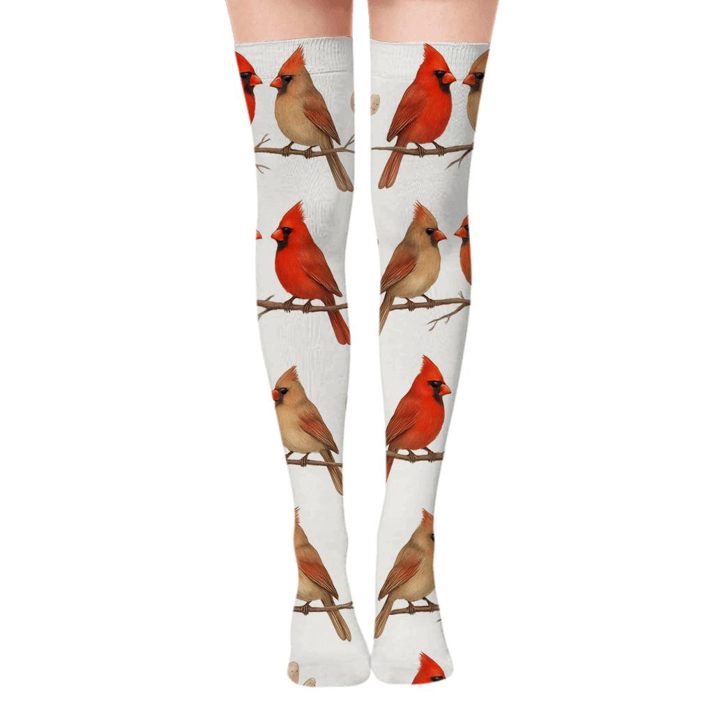 Scarlet Cardinal Branch Bands On Winter White unique graphic over-the-knee socks