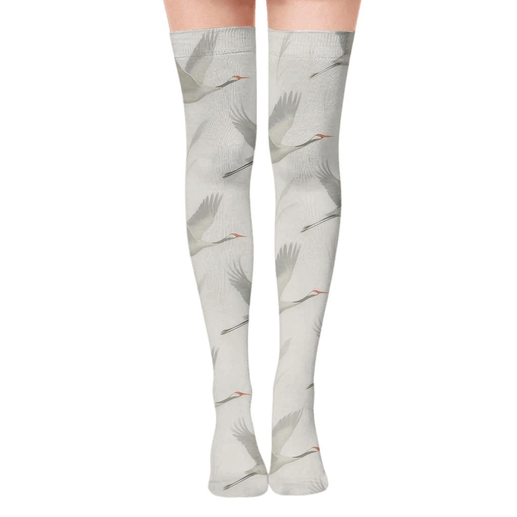 Cranes In Marsh Flight Diagonal On Mist White soft everyday over-the-knee socks
