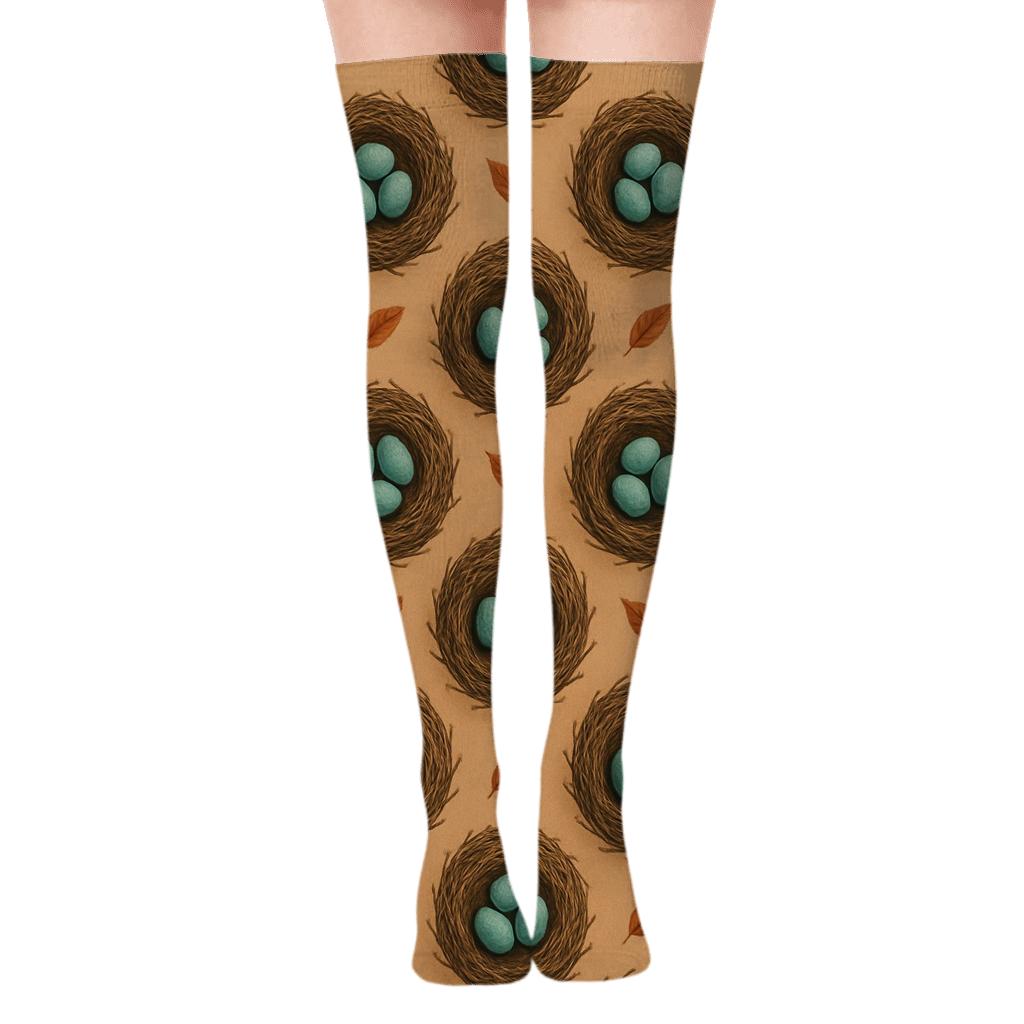 Robin Nest Ring Medallions On Clay Beige personalized over-the-knee socks