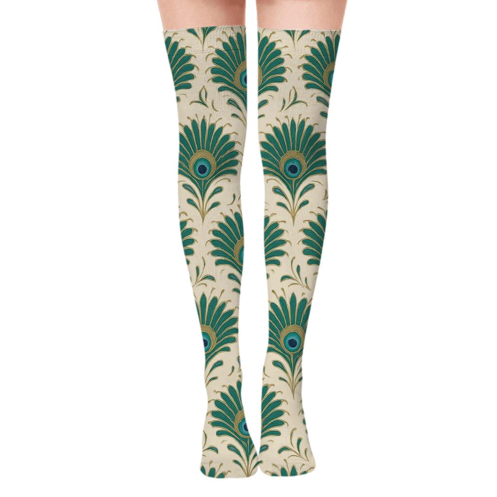 Peacock Tail Fan Radial Bursts On Ivory stylish fashion over-the-knee socks