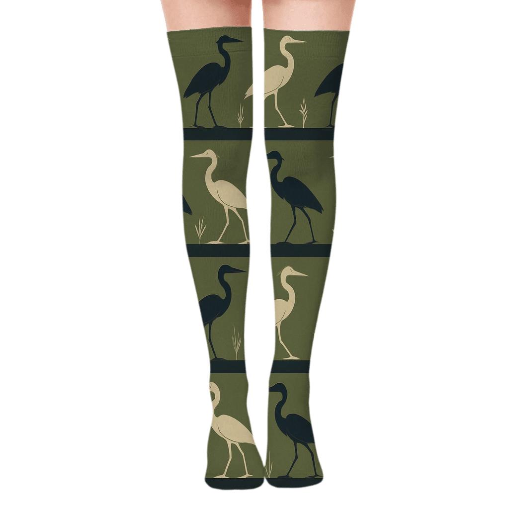 Heron Marsh Silhouette Bands On Olive Green personalized over-the-knee socks