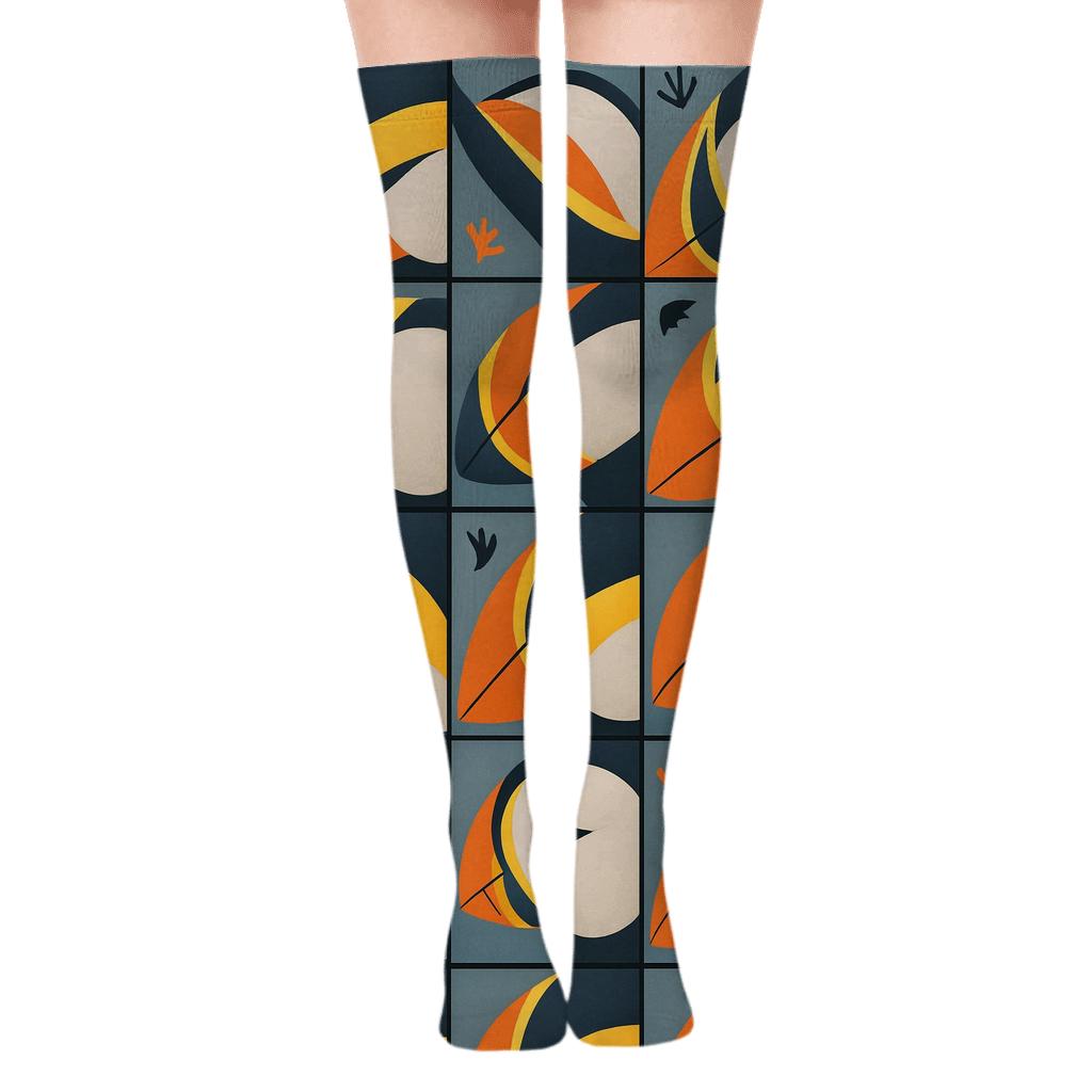 Puffin Beak Stripe Grid On Cool Gray stylish fashion over-the-knee socks