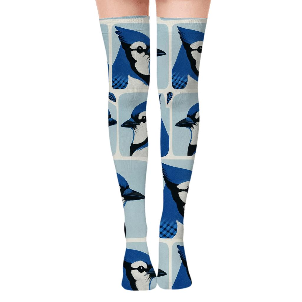 Blue Jay Masked Portrait Grid On Frost White trendy patterned over-the-knee socks