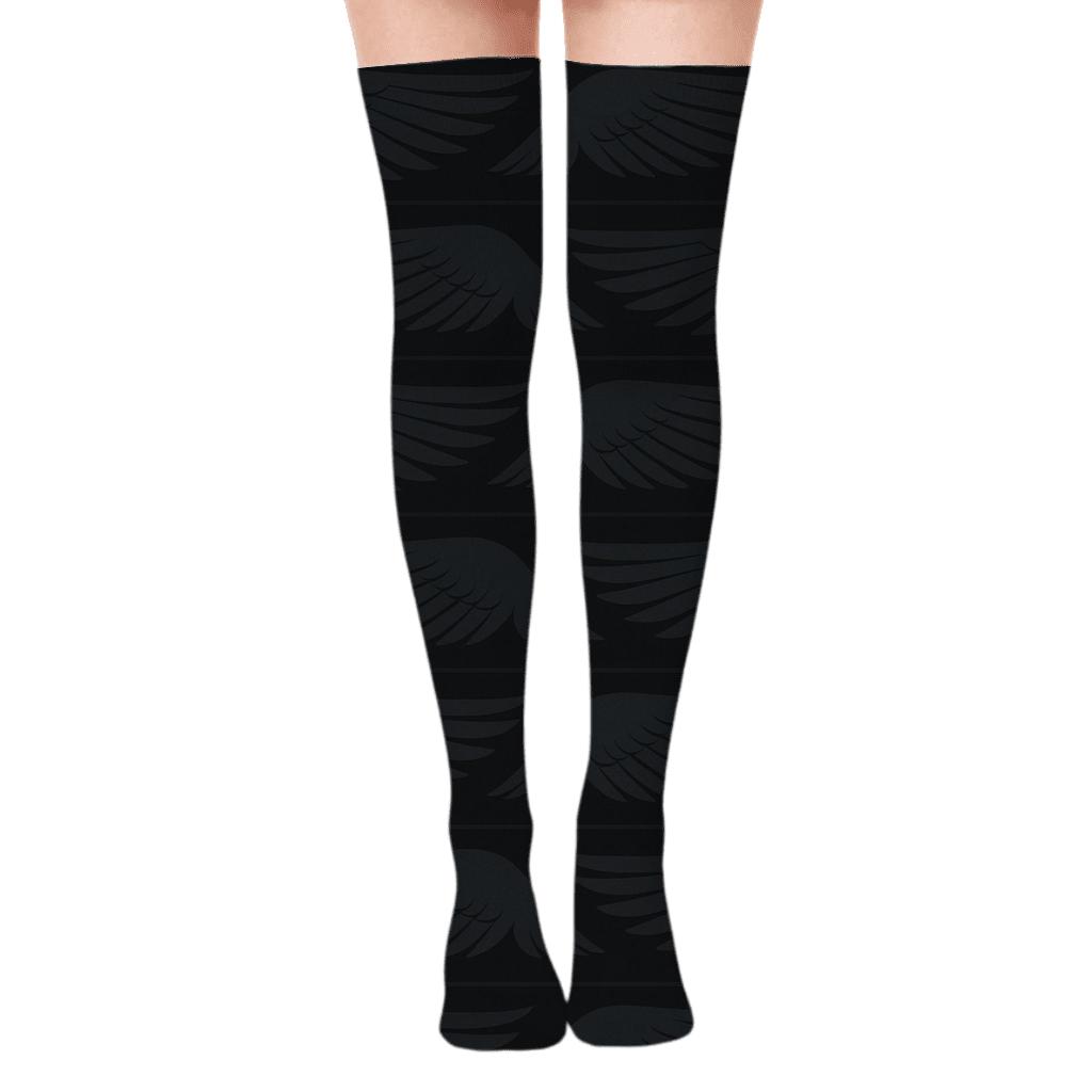 Raven Wing Silhouette Bands On Coal Black trendy patterned over-the-knee socks